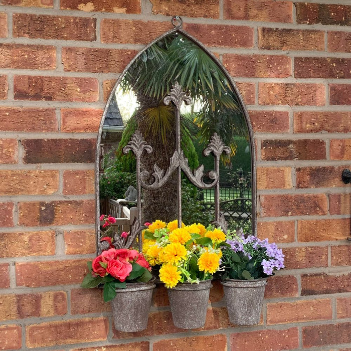 60cm Rusty Wall Mirror with Triple Planter - Distressed Metal Antique Finish