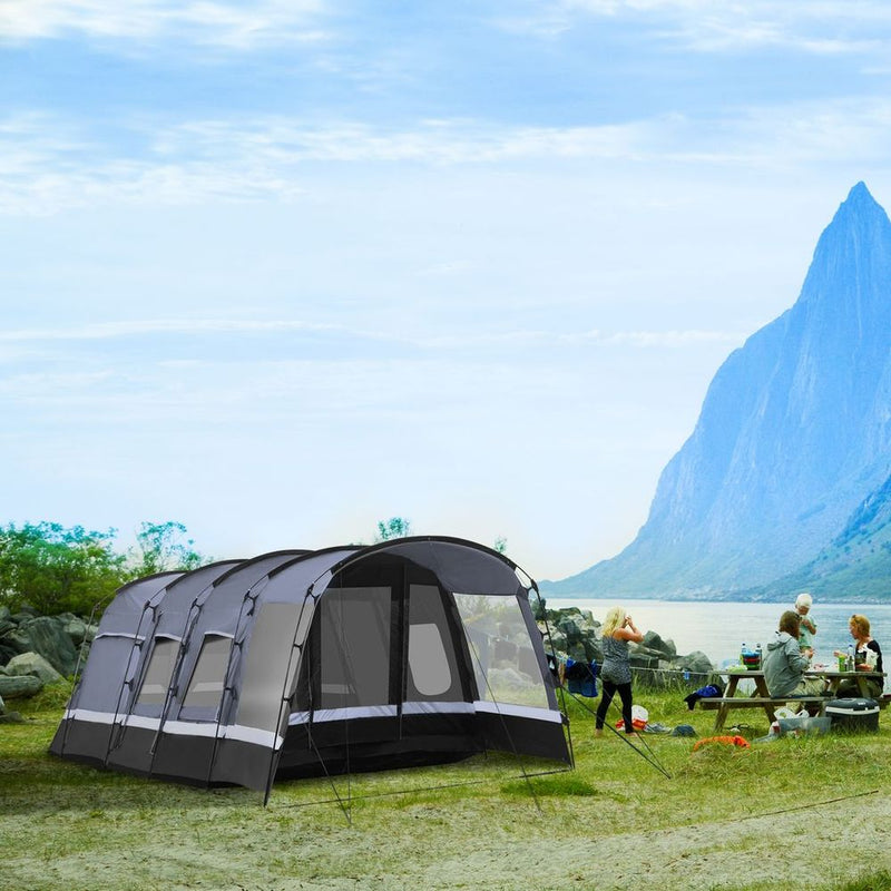 Premium 8-Person Camping Tent with Tunnel Design, 4 Large Windows, Dark Grey
