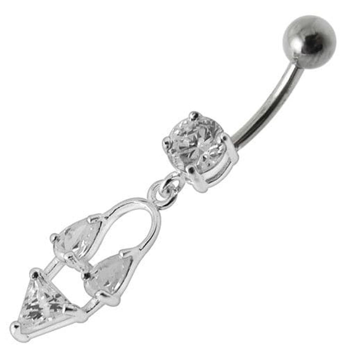 Silver Fancy Double Stone Jeweled Dangling Navel Ring