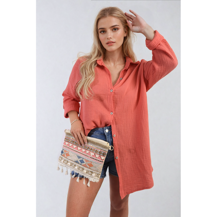 Effortlessly Stylish Clemmie Button Down Shirt - Oversized & Long Sleeve - Lightweight Comfort - Perfect All Occasion - Pink