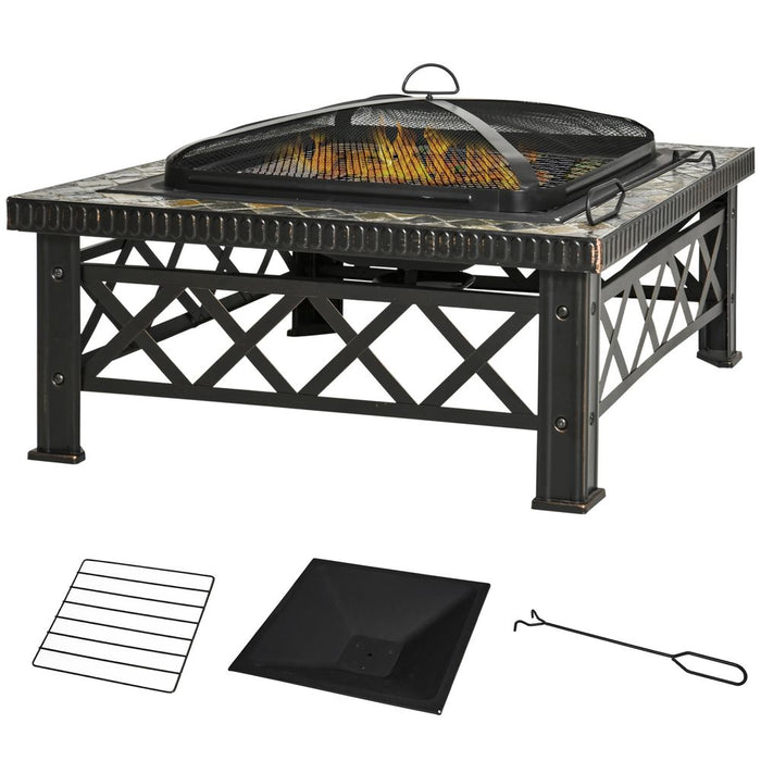 Premium 76cm Square Fire Pit Table - Poker, Mesh Cover, Log Grate