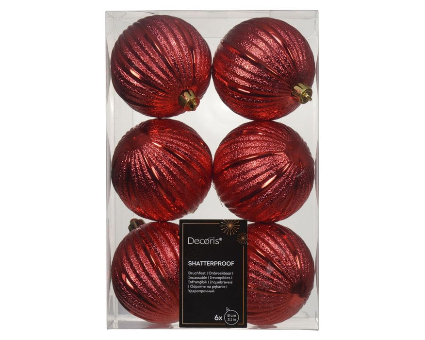 Shatterproof Ridge Bauble Christmas Red  8cm Pack of 6 - Christmas