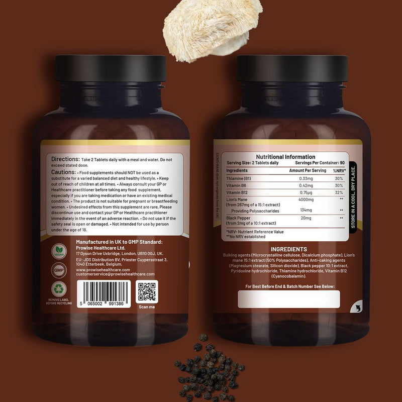 Lions Mane Mushroom Supplement 4000mg with Vitamin B1, B6, B12 & Black Pepper - 180 Super Strength Vegan Tablets with 50% Polysaccharides (Not Powder or Capsules) | Made in The UK by Prowise