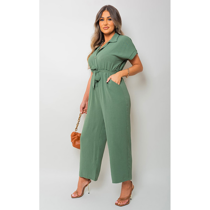 Casual Tie Waist Short Sleeve Jumpsuit - Effortlessly Chic and Versatile!