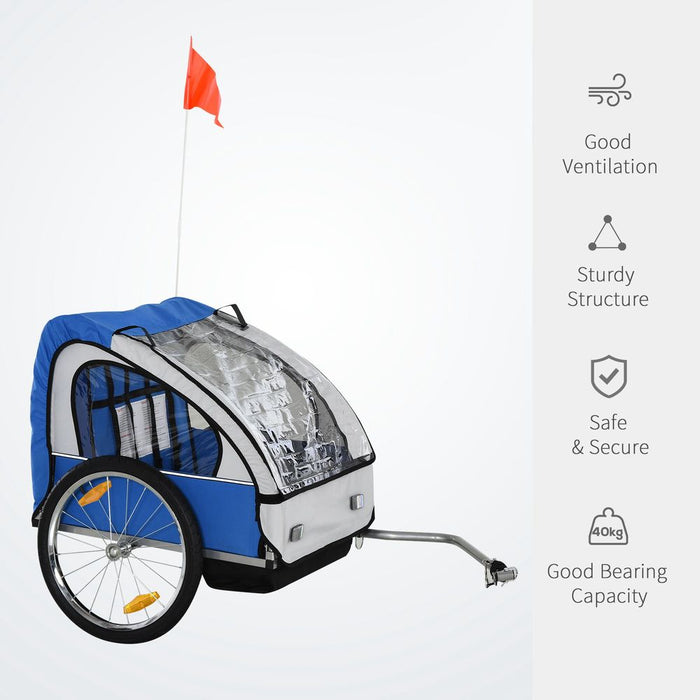 High-Quality 2-Seat Child Bike Trailer | Steel Frame | Seat Belt | Blue