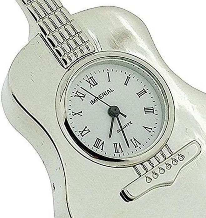 Silver Plated Guitar Clock - Solid Brass, Free-Standing, Miniature, High Quality - CLEARANCE, NEEDS RE-BATTERY