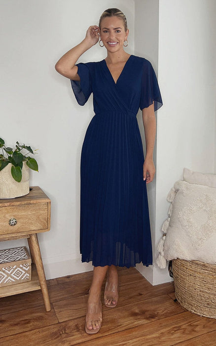 Pleated Wrap Front Maxi Dress - Elegant, Comfortable, Navy - Perfect for Special Occasions - ikrush