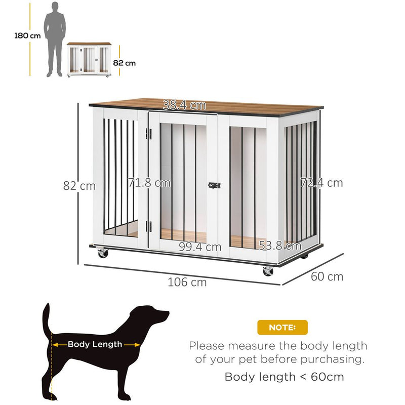PawHut Dog Crate Furniture, Dog Cage End Table with Wheels, Lockable Door, for Medium Dogs, 106 x 60 x 82 cm - White