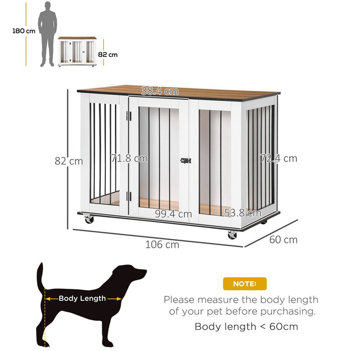 PawHut Dog Crate Furniture, Dog Cage End Table with Wheels, Lockable Door, for Medium Dogs, 106 x 60 x 82 cm - White