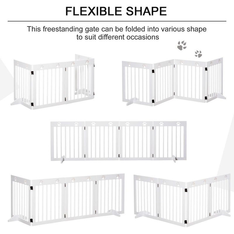 PawHut Freestanding Pet Gate 4 Panel Wooden Dog Barrier Folding Safety Fence with Support Feet up to 204cm Long 61cm Tall for Doorway Stairs White