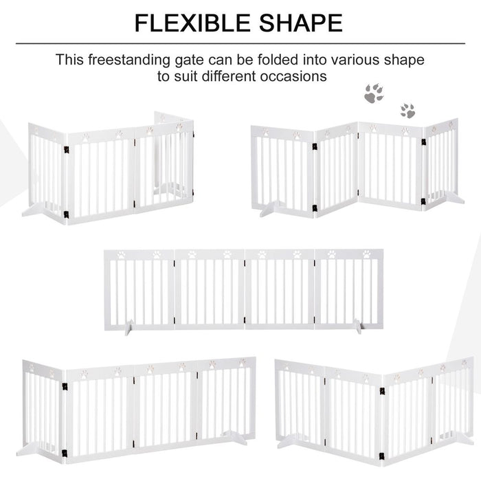 PawHut Freestanding Pet Gate 4 Panel Wooden Dog Barrier Folding Safety Fence with Support Feet up to 204cm Long 61cm Tall for Doorway Stairs White