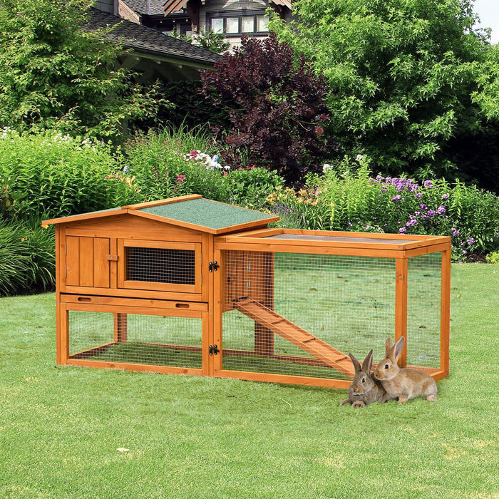 PawHut Rabbit Hutch with Run Wooden Guinea Pig Hutch Outdoor Bunny Cage Hide House with Sliding Tray, Hay Rack, Ramp, 156 x 58 x 68cm, Orange