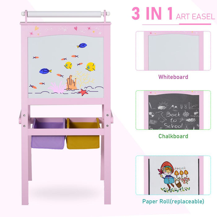 HOMCOM 3 in 1 Kids Wooden Art Easel with Paper Roll Double-Sided Chalkboard & Whiteboard with Storage Baskets Gift for Toddler Girl Age 3 Years+ Pink