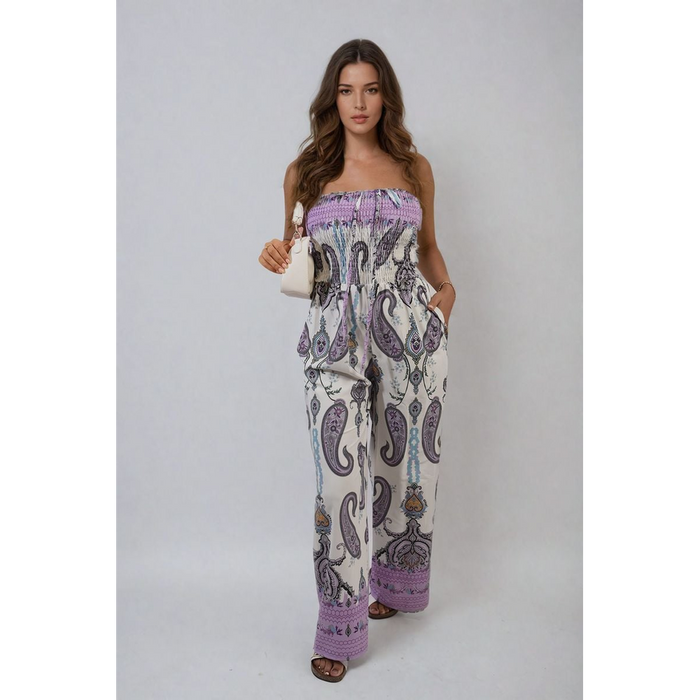 Shirred Strapless Printed Jumpsuit - Effortlessly Chic & Comfortable - Vibrant Print & Wide-Leg Pants - Versatile & High-Quality.