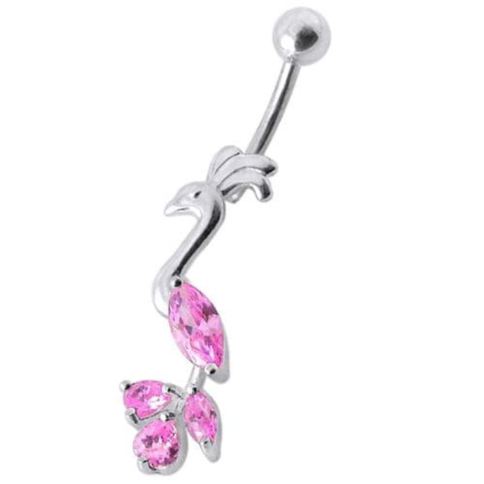 Fancy Jeweled Peafowl Dangling SS Bar Navel Ring Body Jewelry