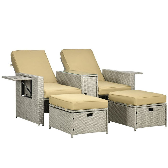 Adjustable Rattan Sun Lounger Set, 5-Position, Storage Tea Table & Footstools - Beige