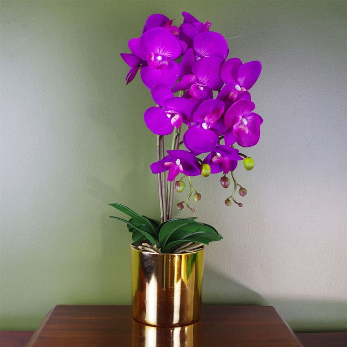 Premium 52cm Artificial Orchid - Large Purple & Gold - Real Touch - Lifelike - Luxurious Design