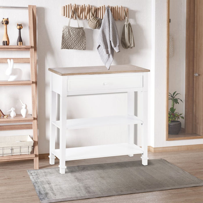 Stylish White MDF Console Table-Drawer & Shelves Storage-Oak Worktop-Balanced Legs