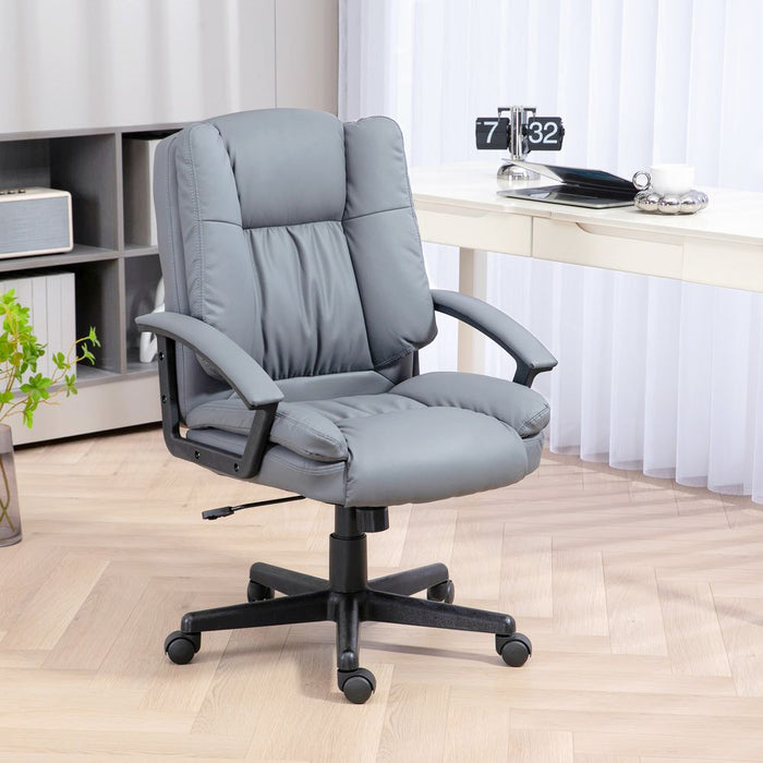 HOMCOM Faux Leather Home Office Chair Mid Back Desk Chair with Arms Light Grey