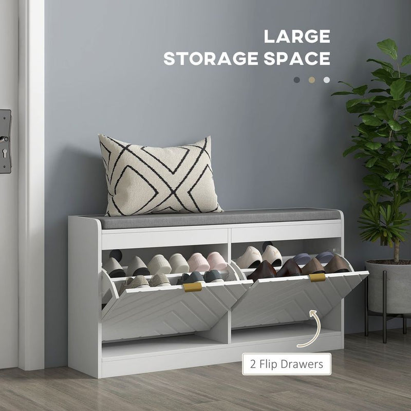 HOMCOM Shoe Bench with 2 Flip Drawers, Cushion, 8 Pairs for Entryway White