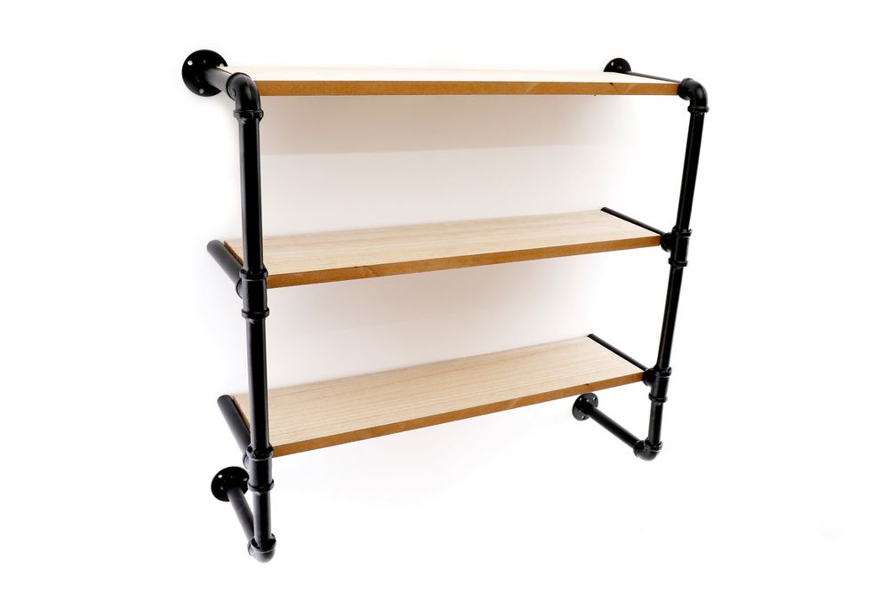 Industrial Black Pipe & Wooden Shelves - Rustic Décor - 58cm