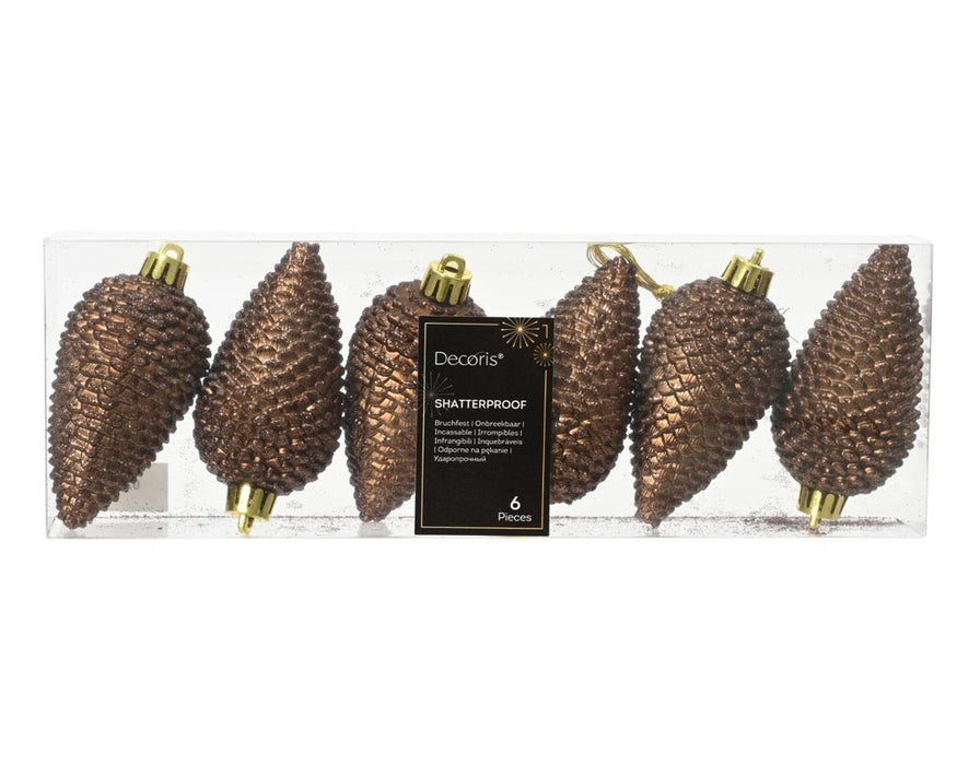 Shatterproof Espresso Brown Glitter Pine Cone  8cm Pack of 6 - Christmas Tree Decoration