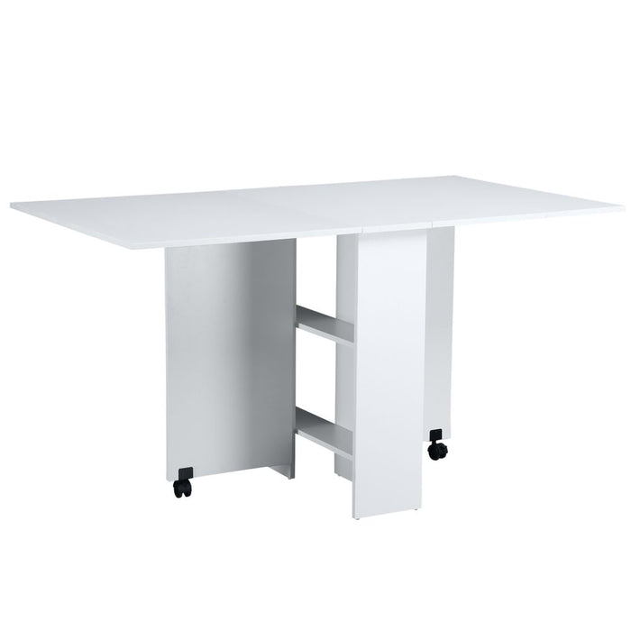 Space-Saving Folding Desk Table | Mobile Drop Leaf | Wheel Storage Shelves | White