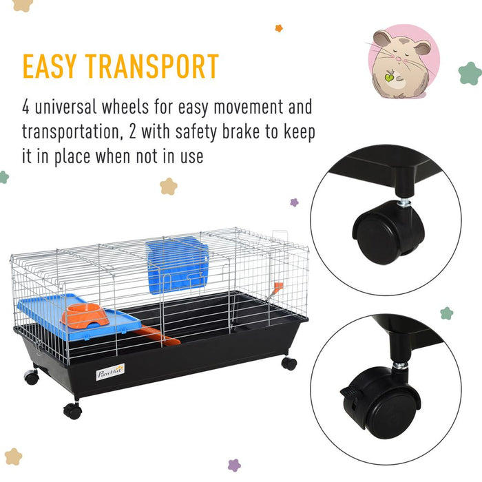 PawHut Small Animal Cage Rabbit Guinea Pigs Chinchillas Cage w/Wheels Water Bottle Food Dish Platform Ramp 89 x 44 x 43 cm Black