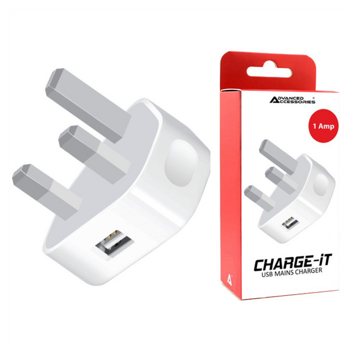 AA Charge-iT USB Mains Charger Adapter 1Amp-White | Fast Charging for iPhone, iPad, Samsung, and More