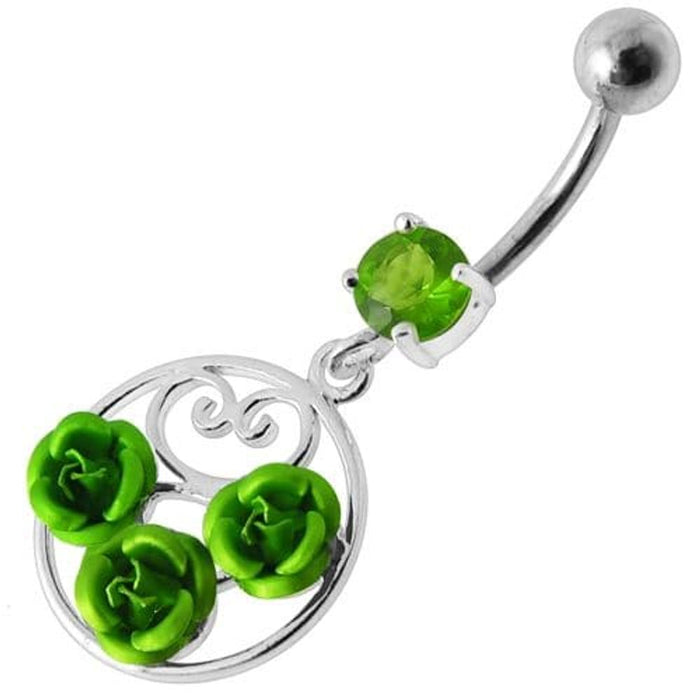 Fancy Multi Jeweled  ROSES Dangling Banana Bar Belly Ring