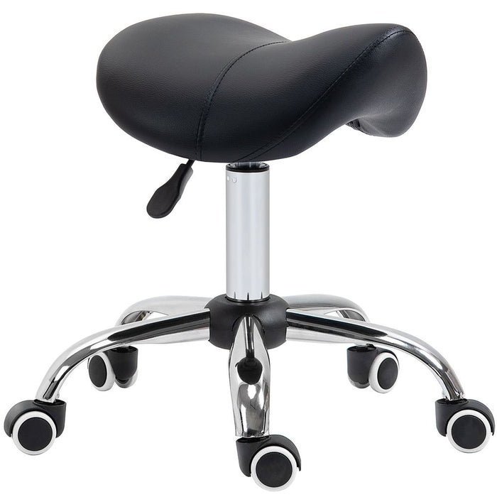 Multi-use PU Leather Saddle Stool w/ Adjustable Height, Padded Seat & 5 Wheels - Black