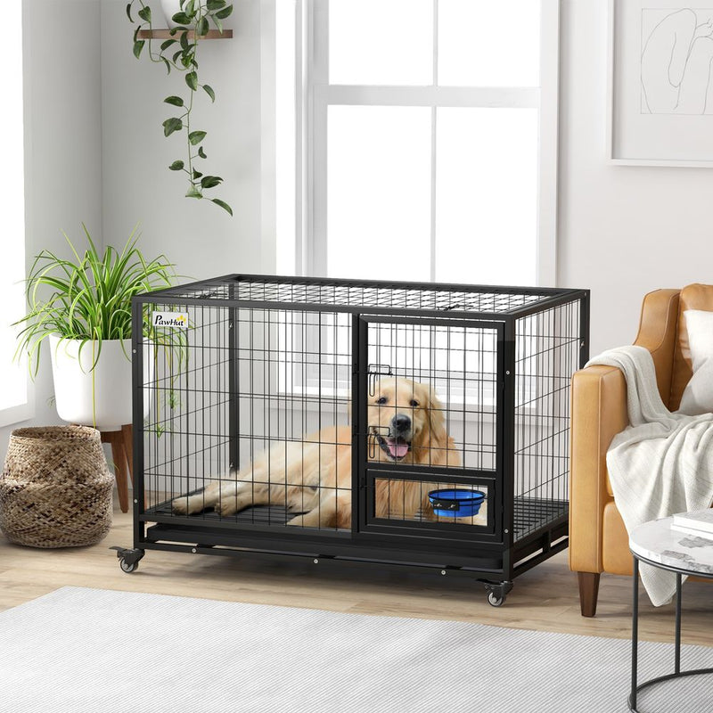 PawHut 48" Heavy Duty Dog Crate on Wheels w/ Bowl Holder, Removable Tray