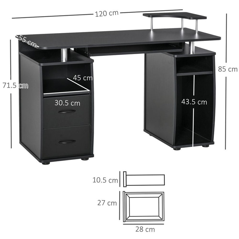 HOMCOM Computer Desk Office PC Table Workstation with Keyboard Tray, CPU Shelf, Drawers, Sliding Scanner Shelf, Black