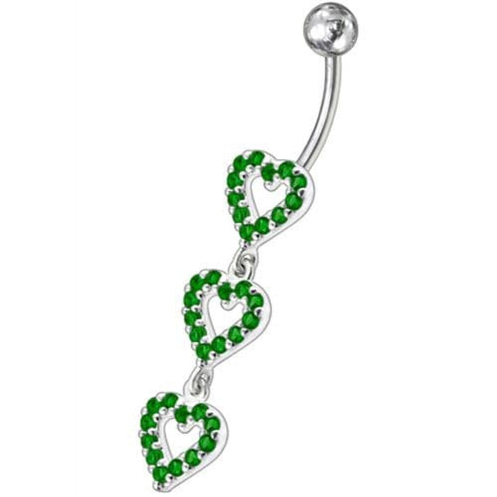 Triple Heart Dangling Fancy Multi Jeweled Curved Bar Belly Ring