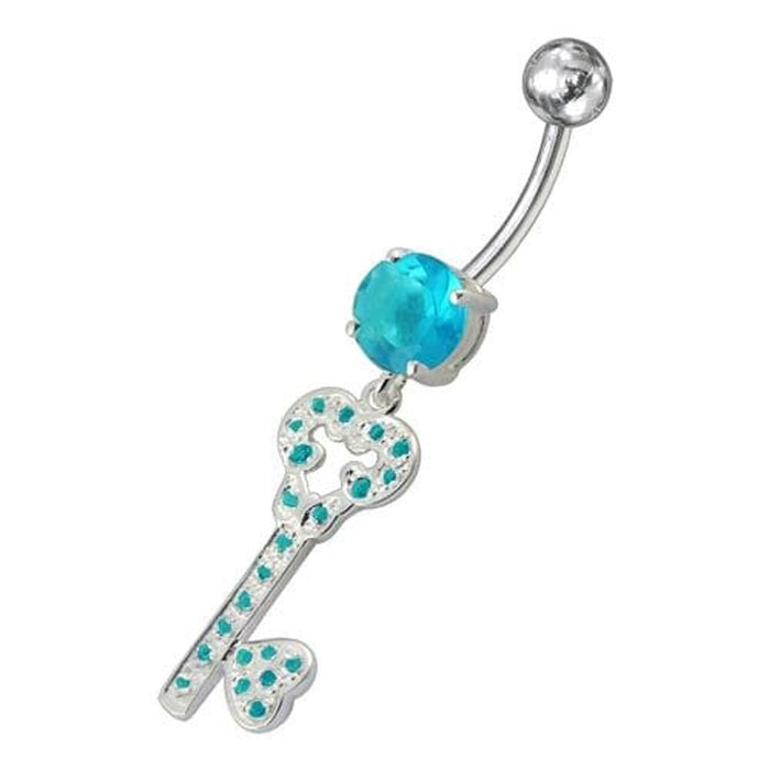 Jeweled Heart Key Dangling Belly Ring