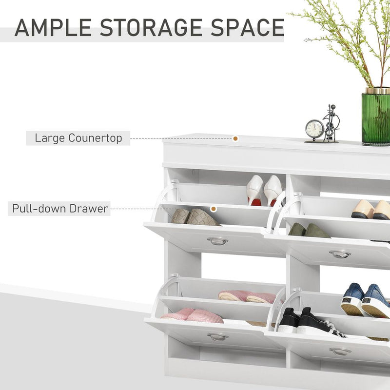 HOMCOM Shoe Cabinet with 4 Flip Drawers Wood Tipping Bucket Narrow Storage Cupboard with Adjustable Shelf, for Hallway, White, 98L x 24W x 83H cm