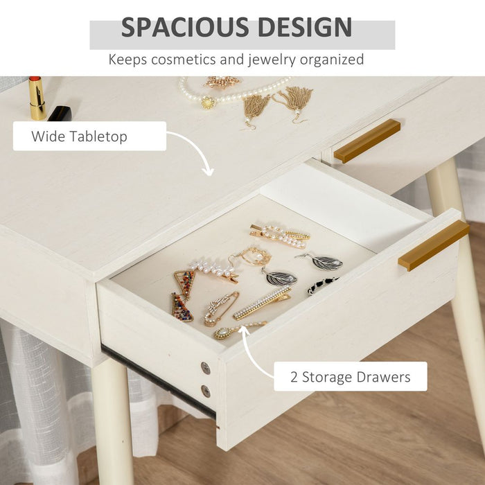 Elegant White Dressing Table with Round Mirror & 2 Drawers - High-Quality Makeup Vanity Desk