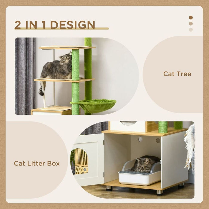 Ultimate PawHut Cat Tree - Litter Box, Scratching Post, Cat House, Hammock - Oak