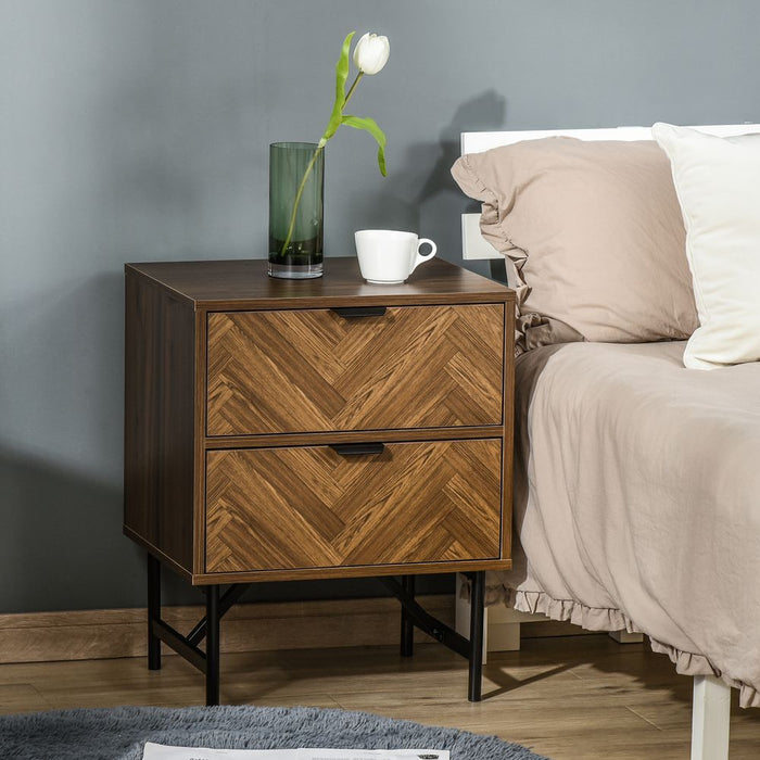 Rustic Bedside Table, 2 Drawer Unit - Herringbone Pattern, Walnut Brown