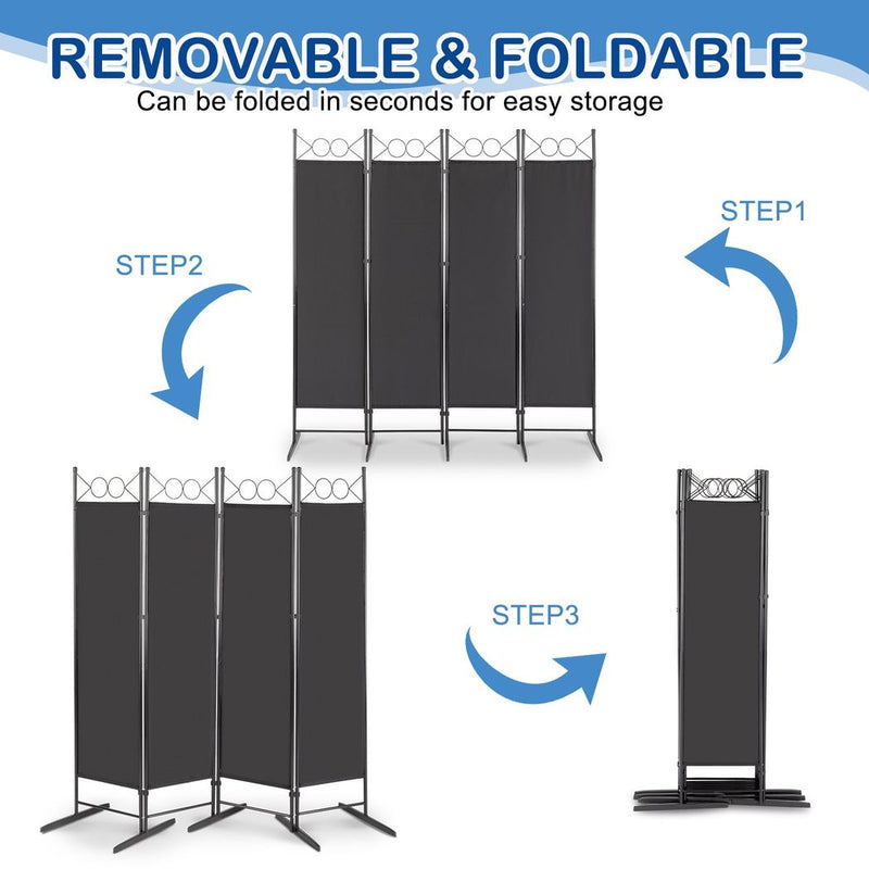 5.74FT 4-Fold Top With Shape 130g Polyester Cloth Plastic Feet Carbon Steel Frame Foldable Screen Black