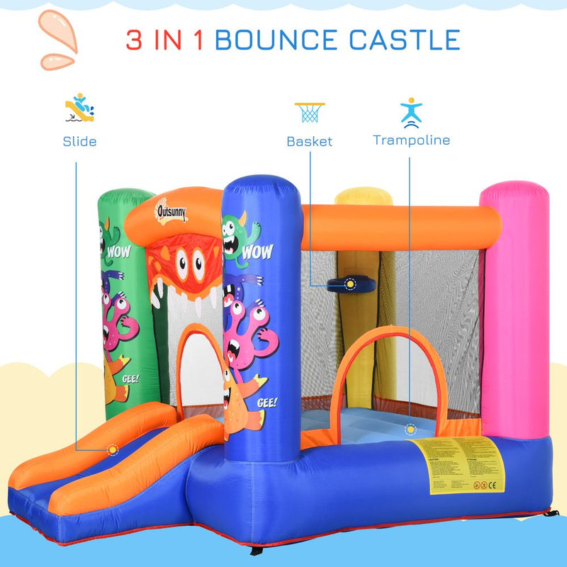 Outsunny 3-in-1 Kids Bouncy Castle with Slide Trampoline Basket, Inflatable Bounce House with Blower for Kids Age 3-8 Monster Design 2.5 x 1.8 x 1.75m