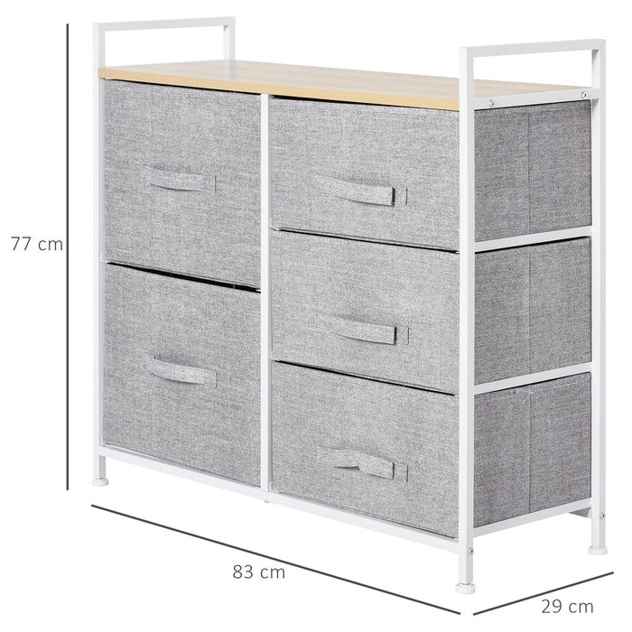 HOMCOM 5 Drawer Linen Basket Storage Unit Home Organisation w/Shelf Handles Metal Frame Adjustable Feet Hallway Home Dresser Grey