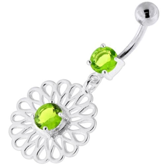 Center Jeweled Fancy Flower Pattern Navel Belly Piercing