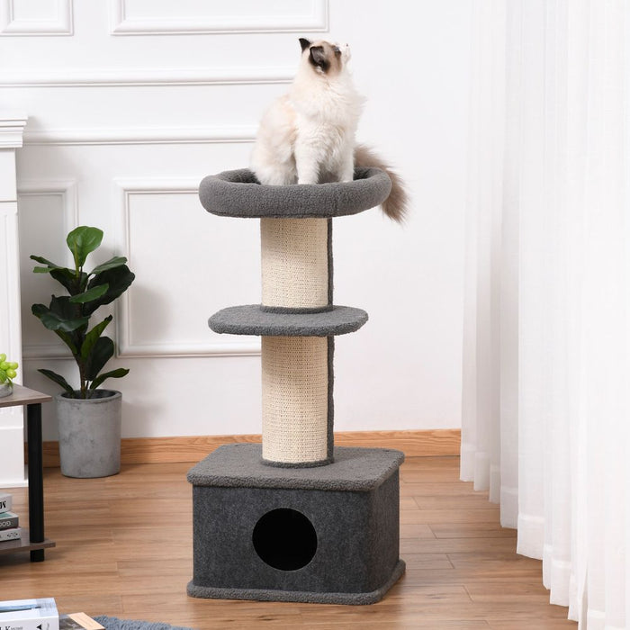 PawHut 96cm Cat Tree Kitten Tower Multi level Activity Center Pet Furniture with Sisal Scratching Post Condo Removable Cover Grey