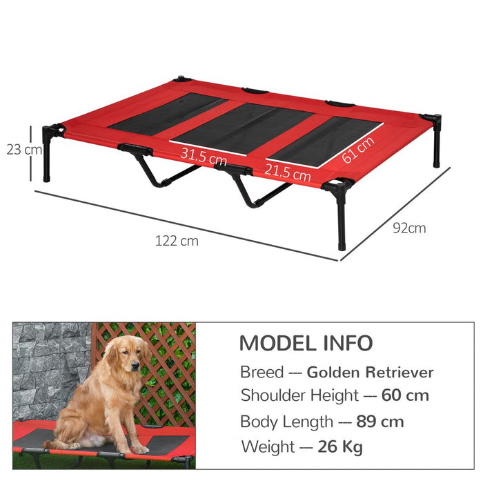 Portable Elevated Dog Bed for Indoor & Outdoor, Cooling Red Cot, Steel Frame, Breathable Mesh