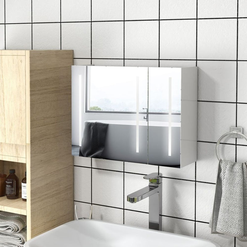 kleankin Wall Mount Storage Cupboard w/ Light, Mirror & Shelf - Bathroom Organizer, Day & Night Ready