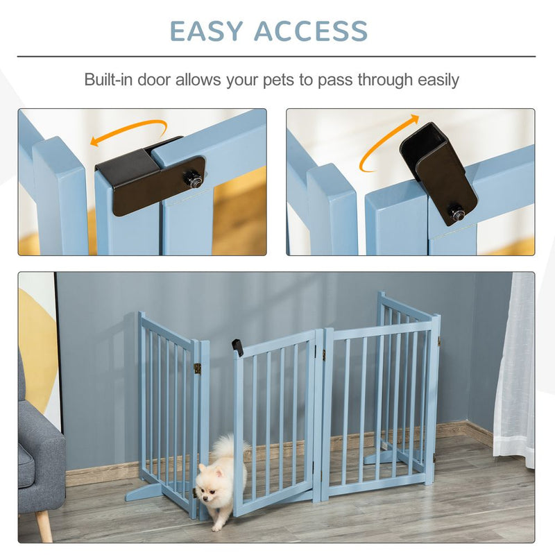 PawHut Freestanding Pet Gate for Small and Medium Dogs, Wooden Foldable Dog Safety Barrier with 4 Panels, 2 Support Feet, 80 cm Tall for Doorways, Stairs Blue-grey