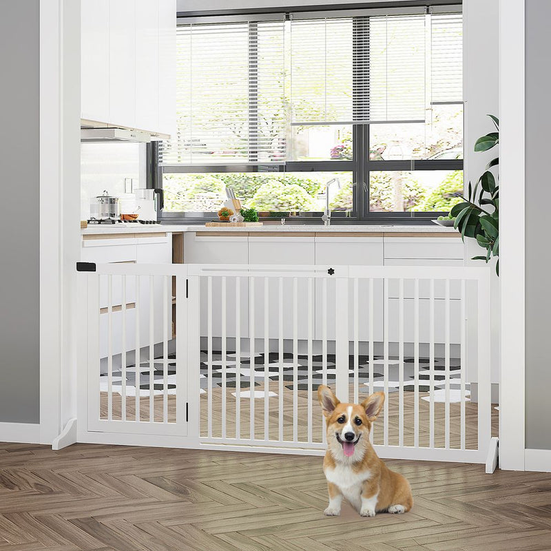 PawHut Adjustable Wooden Pet Gate Freestanding Dog Barrier Fence Doorway 3 Panels Safety Gate w/Lockable Door White 71H x 113-166W cm