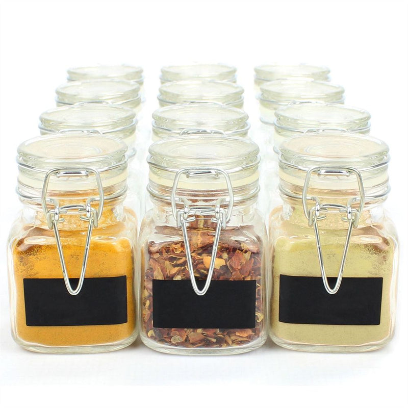 Premium Vintage Glass Spice Jars - Set of 12 | Airtight Metal Clip Top | Label and Chalk Pen Included