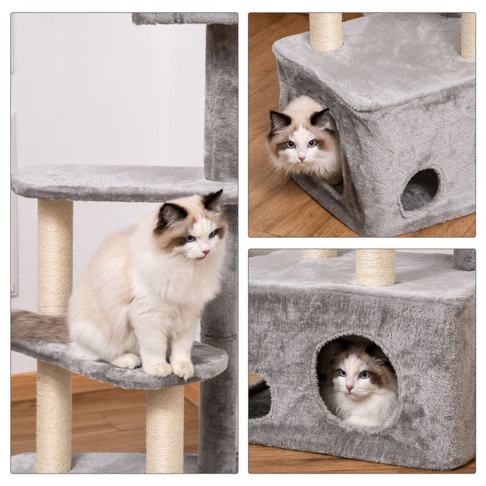 PawHut 125cm Cat Tree for Indoor Cats Kitten Tower 4 level Activity Center Pet Furniture Sisal Scratching Post Condo Plush Perches Hanging Ball Grey